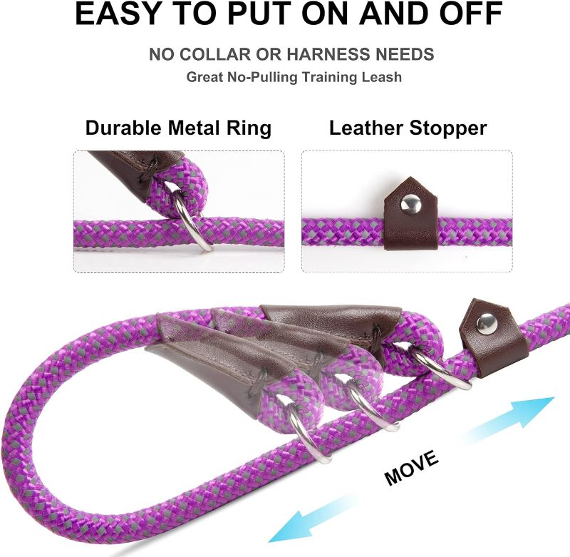 Photo 2 of Fida Durable Slip Lead Dog Loop Leash, 6 FT x 1/2" Heavy Duty , Comfortable Strong Rope Leash for Large, Medium Dogs, No Pull Pet Training Leash with Highly Reflective, Purple
