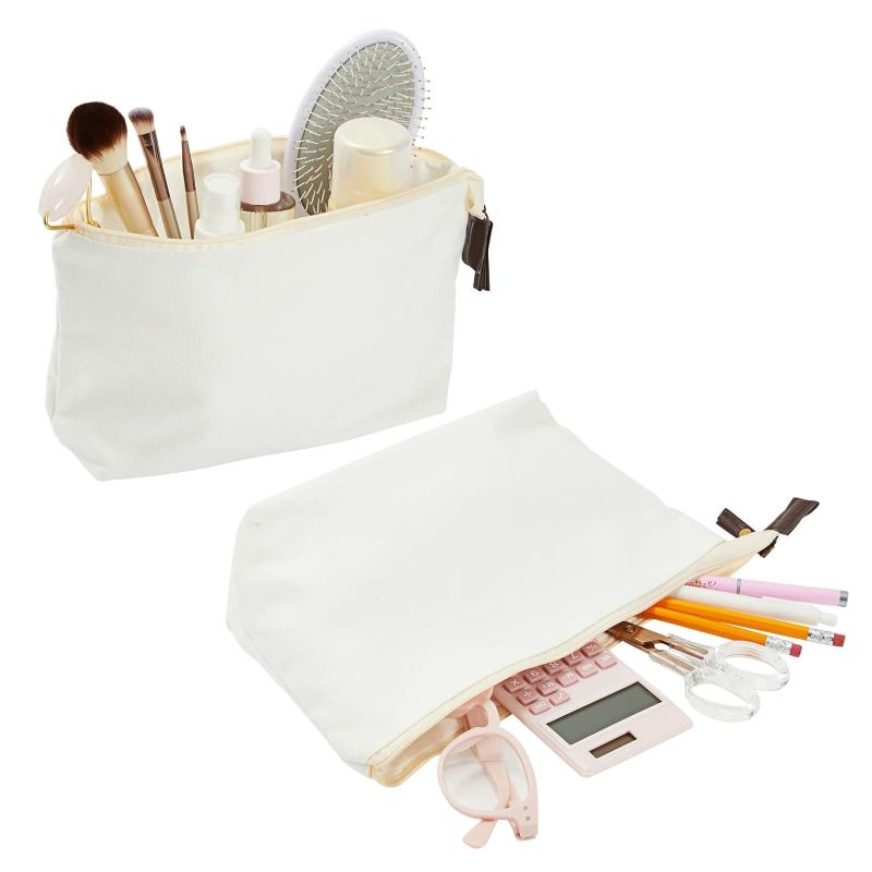 Photo 2 of Canvas Makeup Bags with Zipper for Cosmetics, Toiletries, DIY Crafts (White, 11.75 x 5.5)

