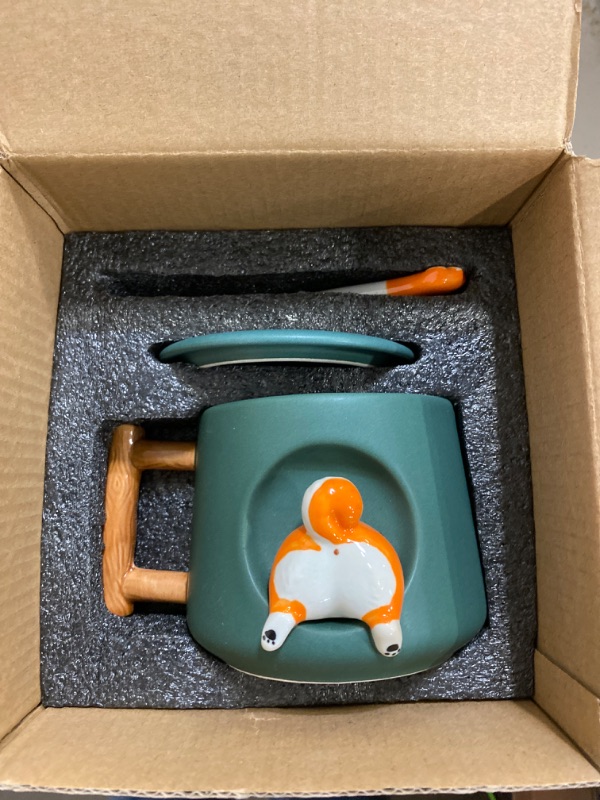 Photo 1 of Scizorito Cute FOX  Couple Cup, Ceramic Coffee Mug with a Lid, Cute Paws on the Top of the Spoon, Cute Shiba Lnu Three-dimensional Design, with Matte Texture,(420ML Green Tail)
