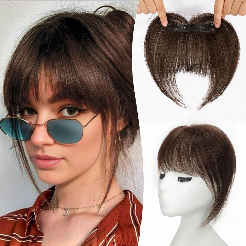 Photo 1 of KooKaStyle Bangs Hair Clip in Dark Auburn Brown, 100% Real Human Hair, Classic Style, 5 Inches Fringe, 10 Inches Blendable Feathers, 3 Secure Clips, Warm Tips Included
