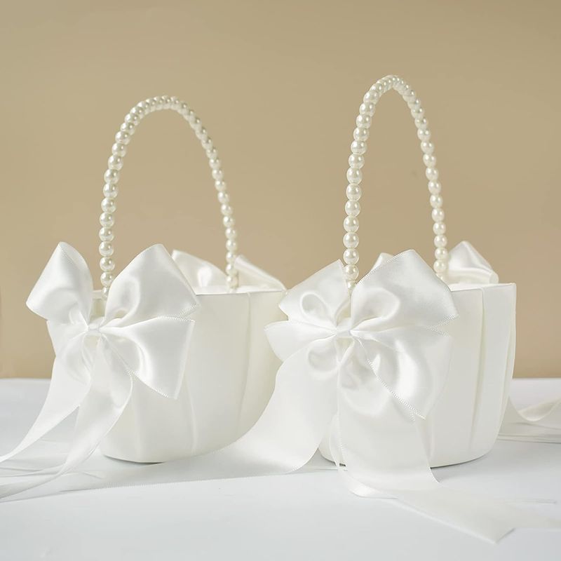 Photo 1 of ATAILOVE 2 Pcs Wedding Flower Girl Baskets with Cute Pearl Handle Bowknot Satin Flower Baskets for Wedding Ceremony - Ivory

