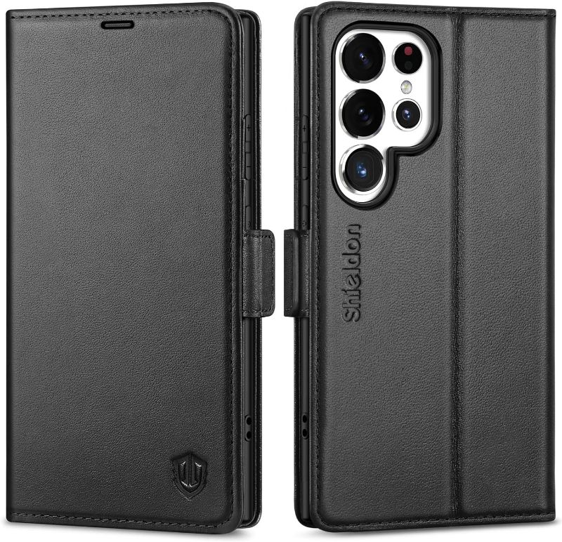 Photo 1 of SHIELDON Case for Galaxy S23 FE, Genuine Leather Wallet Folio Case Magnetic Closure RFID Blocking Card Slot Kickstand Protective Case Compatible with Galaxy S23 FE- Black
