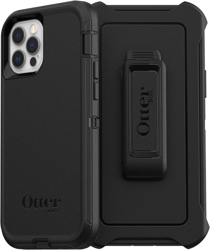 Photo 1 of OtterBox iPhone 12 & iPhone 12 Pro Defender Series Case - BLACK, rugged & durable, with port protection, includes holster clip kickstand
