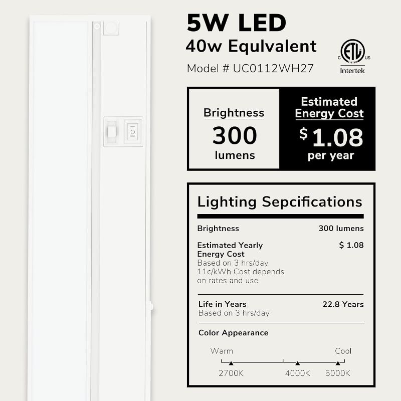 Photo 2 of LAGOM 12" Direct Wire Dimmable LED Under Cabinet Lights, Selectable 2700K/4000K/5000K, Selectable Brightness, White Finish, UC0112WH27
