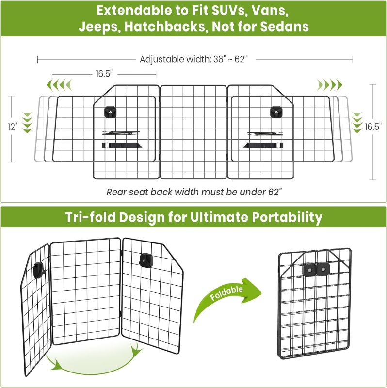 Photo 2 of APTY SUV Car Dog Barrier, Pet Trunk Barrier, Vehicle Divider Mesh Gate on Backseat - Adjustable for Universal Fit, Portable Folding Design, Straps and Bungee Cords for Superior Stability
