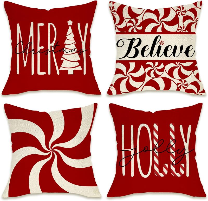 Photo 1 of Fahrendom Merry Christmas Tree Decorative Throw Pillow Cover 18 x 18 Set of 4, Xmas Red Candy Canes Porch Patio Outdoor Pillowcase, Winter Holiday Holly Jolly Gifts Cushion Case Home Decor
