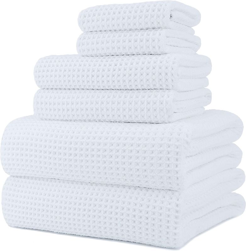 Photo 1 of POLYTE Oversize, 60 x 30 in., Quick Dry Lint Free Microfiber Bath Towel Set, 6 Piece (White, Waffle Weave)
