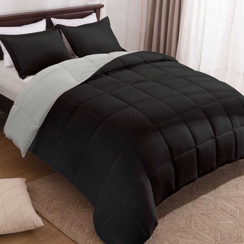 Photo 1 of Basic Beyond Twin Size Comforter Set - Washed Microfiber Black and Grey Reversible Bed Comforter Set for All Season - 2 Pieces (1 Comforter + 1 Pillow Sham)
