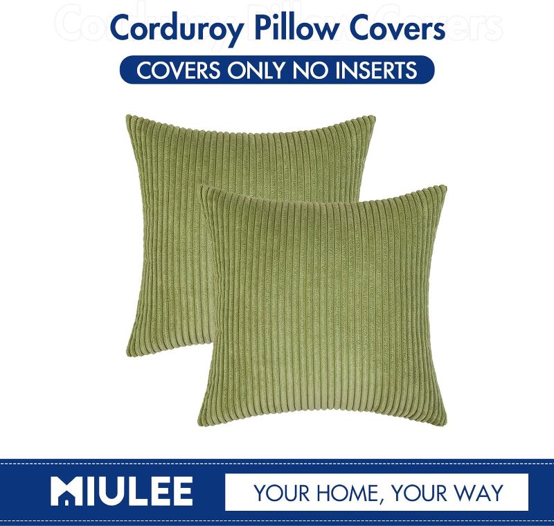 Photo 4 of MIULEE Pack of 2 Corduroy Pillow Covers Soft Soild Striped Throw Pillow Covers Set Decorative Square Cushion Cases Pillowcases for Spring Sofa Bedroom Couch 16 x 16 Inch Grass Green
