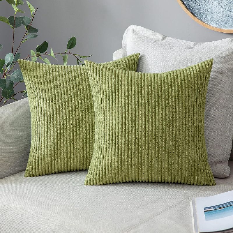 Photo 1 of MIULEE Pack of 2 Corduroy Pillow Covers Soft Soild Striped Throw Pillow Covers Set Decorative Square Cushion Cases Pillowcases for Spring Sofa Bedroom Couch 16 x 16 Inch Grass Green
