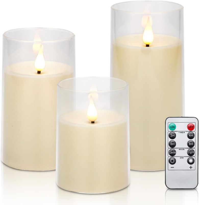 Photo 1 of iplacer Ivory Flameless Pillar Candles Battery Operated with Remote Control and Timer, Perspex LED Flashing Electric Candles with 3D Flame Pack of 3 (D:3"×H:4" 5" 6")
