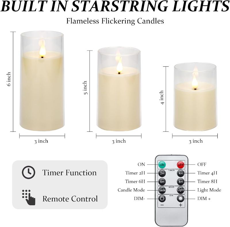 Photo 3 of iplacer Ivory Flameless Pillar Candles Battery Operated with Remote Control and Timer, Perspex LED Flashing Electric Candles with 3D Flame Pack of 3 (D:3"×H:4" 5" 6")
