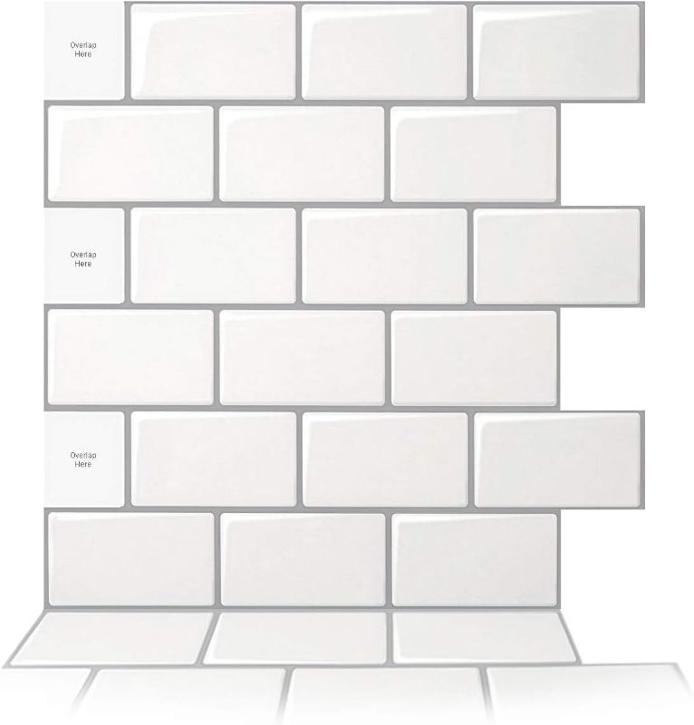 Photo 1 of Art3d 10-Sheet Peel and Stick Backsplash, 12 in. x 12 in. Subway 3D Wall Panels, Mono White with Gray Grout
