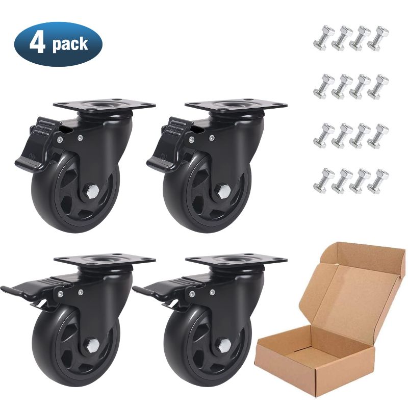 Photo 1 of 4 Inch Swivel Plate Caster Wheels, All Black Heavy Duty Casters Set of 4 with Brake, Polyurethane Locking Caster Wheels for Cart, Workbench, Load 2000lbs
