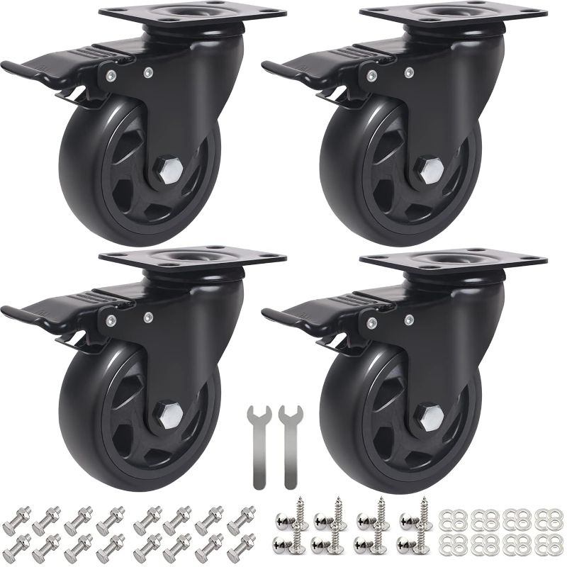 Photo 2 of  Swivel Plate Caster Wheels, All Black Heavy Duty Casters Set of 4 with Brake, Polyurethane Locking Caster Wheels for Cart, Workbench, Load 2000lbs 4" Base 2" Wheel
