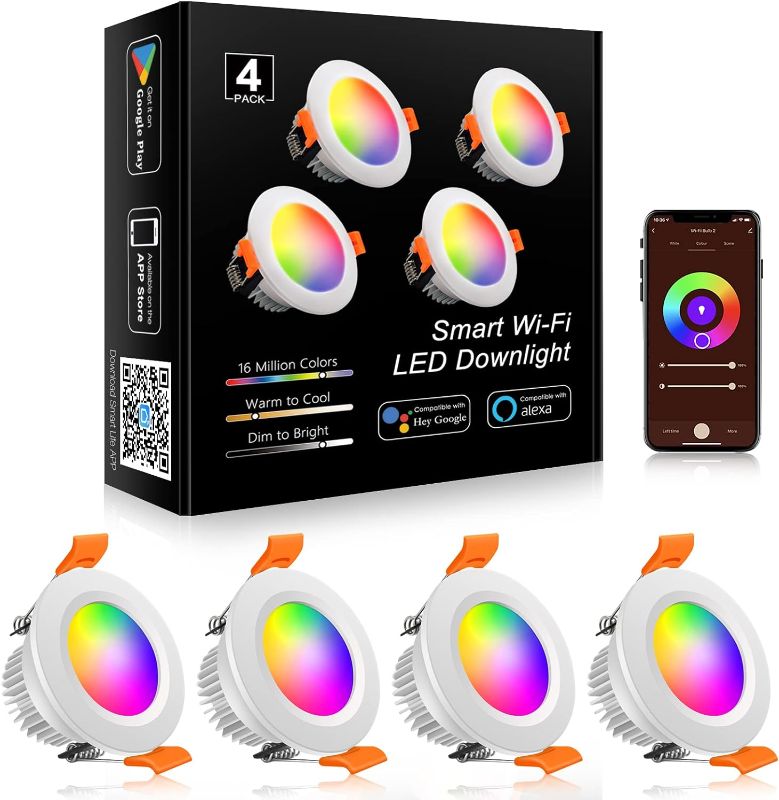 Photo 1 of YGS-Tech Smart 2 Inch LED Recessed Lighting RGB WiFi Downlight, 5W Compatible with Alexa and Google Home, Dimmable RGB & CCT 2700-6500K Color Changing, 120V LED Ceiling Light with LED Driver (4 Pack)
