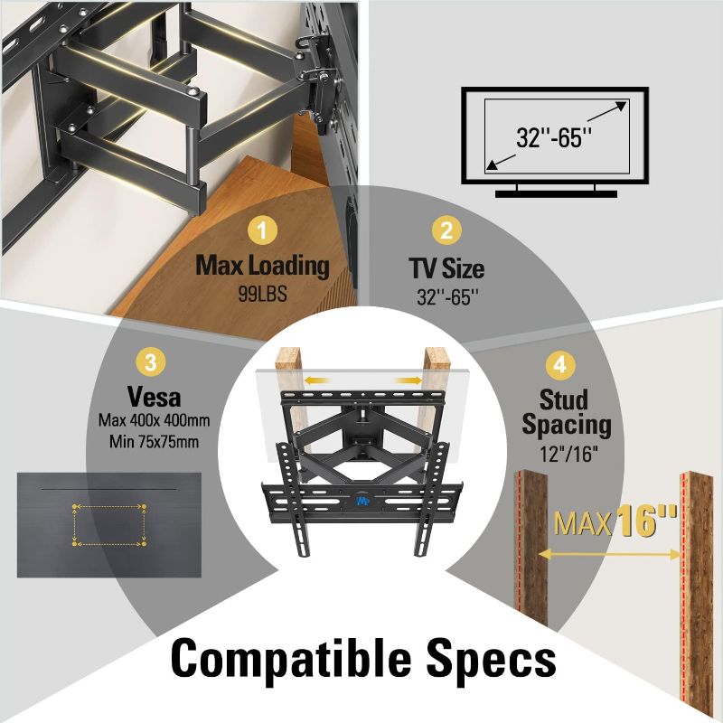 Photo 3 of Mounting Dream TV Wall Mount for 32-65 Inch TV, TV Mount with Swivel and Tilt, Full Motion TV Bracket with Articulating Dual Arms, Fits 16inch Studs, Max VESA 400X400 mm, 99lbs, MD2380
