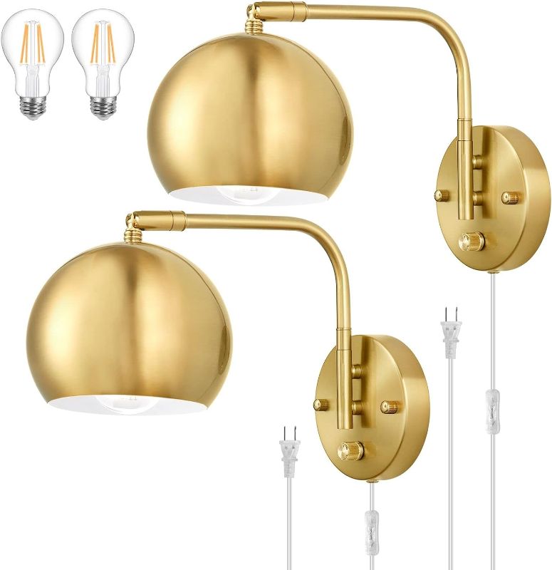 Photo 1 of VATONI Wall Sconces Plug in, Dimmable Wall Sconce Swing Arm Wall Lights with Plug in Cord and Dimmer On/Off Knob Switch, Brushed Brass Globe Wall Light for Bedside Bedroom Hallway(2 Bulbs Included)
