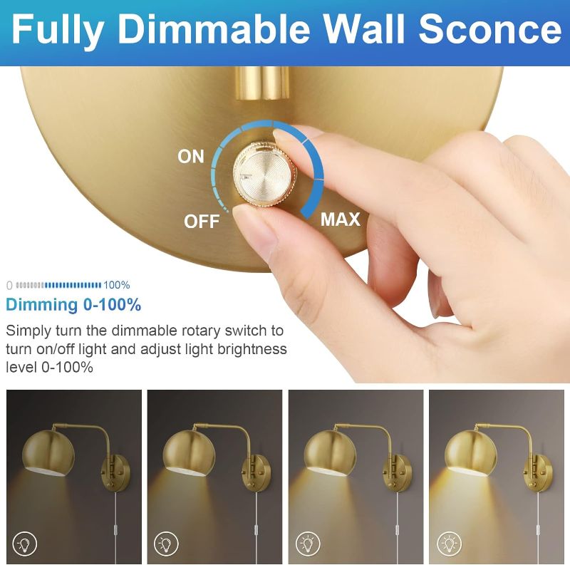 Photo 2 of VATONI Wall Sconces Plug in, Dimmable Wall Sconce Swing Arm Wall Lights with Plug in Cord and Dimmer On/Off Knob Switch, Brushed Brass Globe Wall Light for Bedside Bedroom Hallway(2 Bulbs Included)
