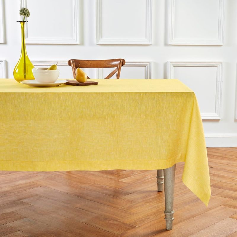 Photo 1 of  Linen Tablecloth 60 x 90 Inch – Chambray Lemon Yellow, Handcrafted from 100% Pure European Flax Linen – Machine Washable Rectangular Tablecloth for Spring, Easter, Summer – Athena
