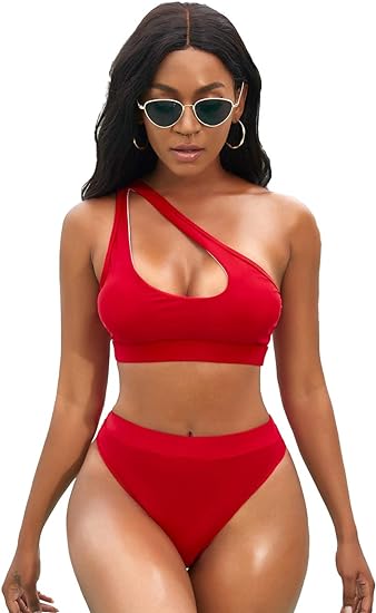 Photo 1 of NAFLEAP One Shoulder Bikini Women High Waisted Swimsuit High Cut Push Up Padded Bathing Suit
