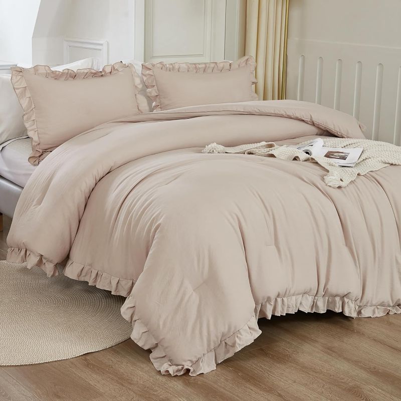 Photo 1 of Litanika Full Comforter Set Beige, 3 Pieces Khaki Ruffle Farmhouse Aesthetic Bedding Comforter Set, Lightweight Fluffy Microfiber Bed Set (79x90In Comforter, 2 Pillowcases)
