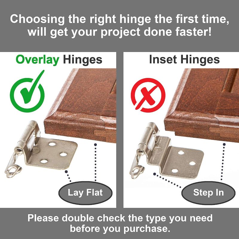 Photo 2 of DecoBasics Cabinet Hinges Brushed Nickel for Kitchen Cabinets Doors (30 Pair -60 Pcs) -1/2" Overlay (Variable) -Self Closing Kitchen Cabinet Hinges Flush Mount w/Silicon Bumpers & Hardware Screws
