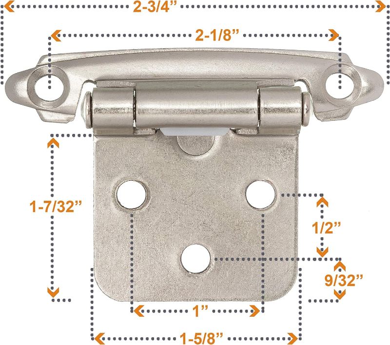 Photo 3 of DecoBasics Cabinet Hinges Brushed Nickel for Kitchen Cabinets Doors (30 Pair -60 Pcs) -1/2" Overlay (Variable) -Self Closing Kitchen Cabinet Hinges Flush Mount w/Silicon Bumpers & Hardware Screws
