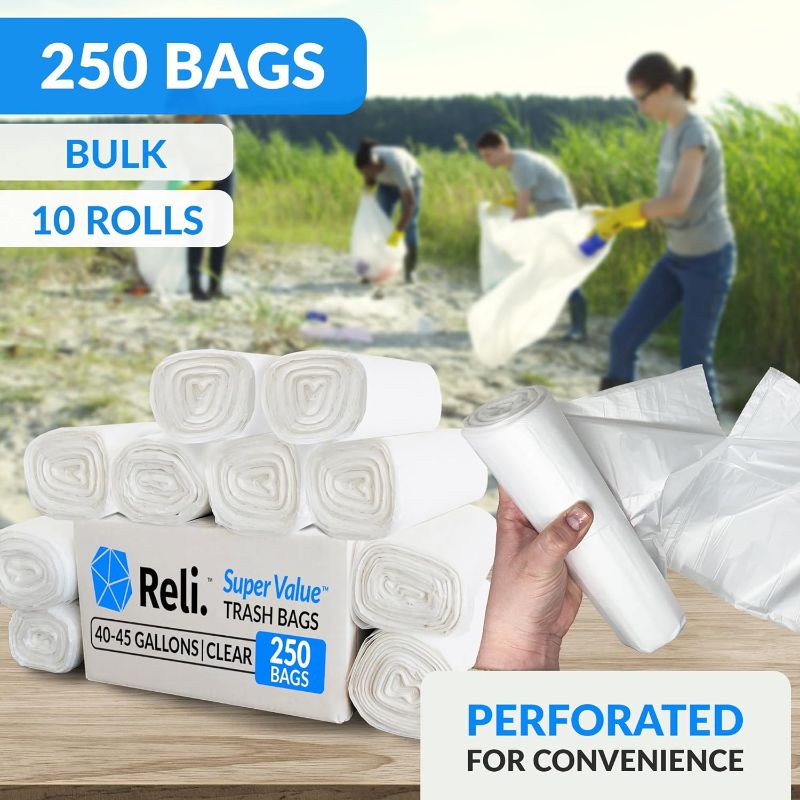 Photo 3 of Reli. SuperValue 40-45 Gallon Trash Bags | 250 Count | Made in USA | Heavy Duty | Bulk | Clear Multi-Use Garbage Bags
