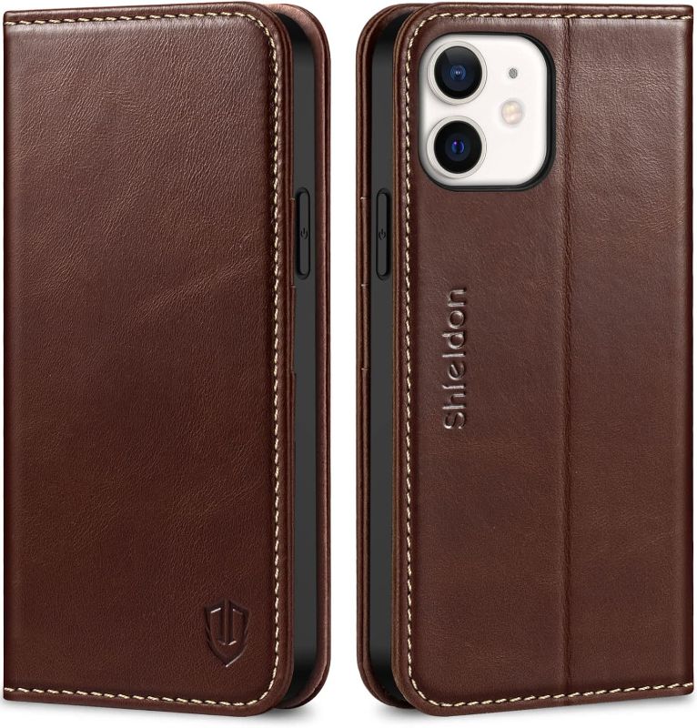Photo 1 of SHIELDON Case for iPhone 12 6.1", Genuine Leather iPhone 12 Pro Wallet Magnetic Book Protection Cover, Kickstand RFID Blocking Credit Card Holder Compatible with iPhone 12/12 Pro - Retro Coffee
