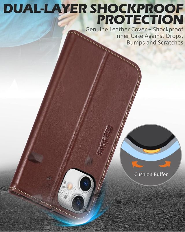 Photo 2 of SHIELDON Case for iPhone 12 6.1", Genuine Leather iPhone 12 Pro Wallet Magnetic Book Protection Cover, Kickstand RFID Blocking Credit Card Holder Compatible with iPhone 12/12 Pro - Retro Coffee
