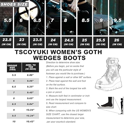 Photo 3 of Tscoyuki Platform Ankle Boots for Women Chunky High Heel Booties Goth Round Toe Combat Boots Women Lace Up Motorcycle Wedges
