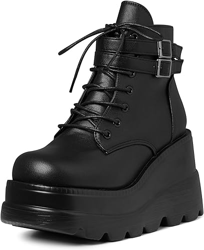 Photo 1 of Tscoyuki Platform Ankle Boots for Women Chunky High Heel Booties Goth Round Toe Combat Boots Women Lace Up Motorcycle Wedges
