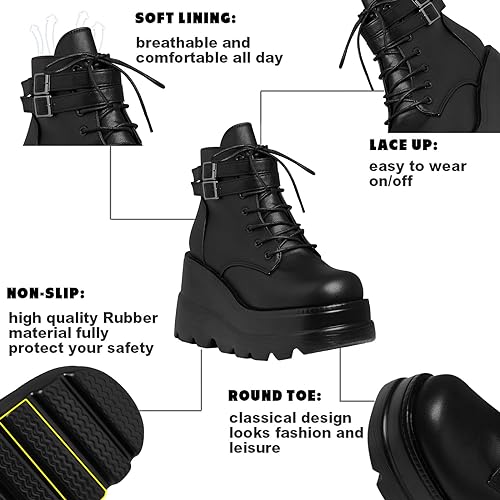 Photo 2 of Tscoyuki Platform Ankle Boots for Women Chunky High Heel Booties Goth Round Toe Combat Boots Women Lace Up Motorcycle Wedges
