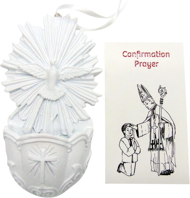 Photo 1 of Confirmation Holy Water Font Prayer Set with Polyresin Dove Holy Spirit Stoup for Home or Church with Prayer Card
