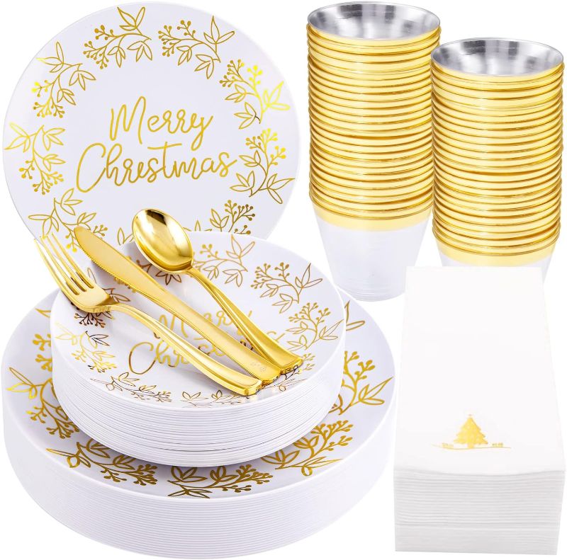 Photo 1 of Nervure 175PCS Christmas Plates - White and Gold Disposable Plate Sets Include 25Dinner Plates, 25Dessert Plates, 25Forks, 25Knives, 25Spoons, 25Cups, 25 Napkins Perfect for Christmas Party
