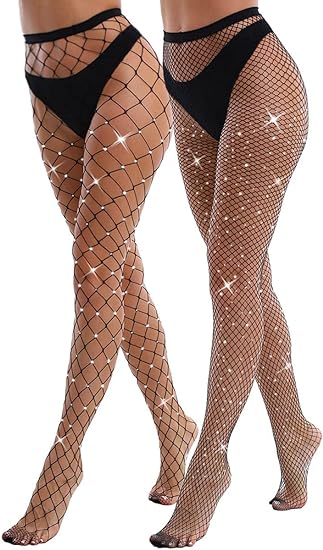 Photo 1 of VEBZIN 3 Pack Sparkly Large And Medium Mesh Fishnet Tights For Women Sexy Glitter Rhinestone Fishnets Stockings
