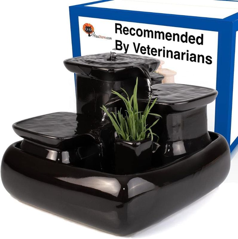 Photo 1 of Miaustore Premium Ceramic Cat Water Fountain - Motion Sensor Activated, Doesn’t Need Filters, Easy to Clean, Dishwasher Safe, Pet Drinking Fountain with Bowl for Cat Grass Inside - Black
