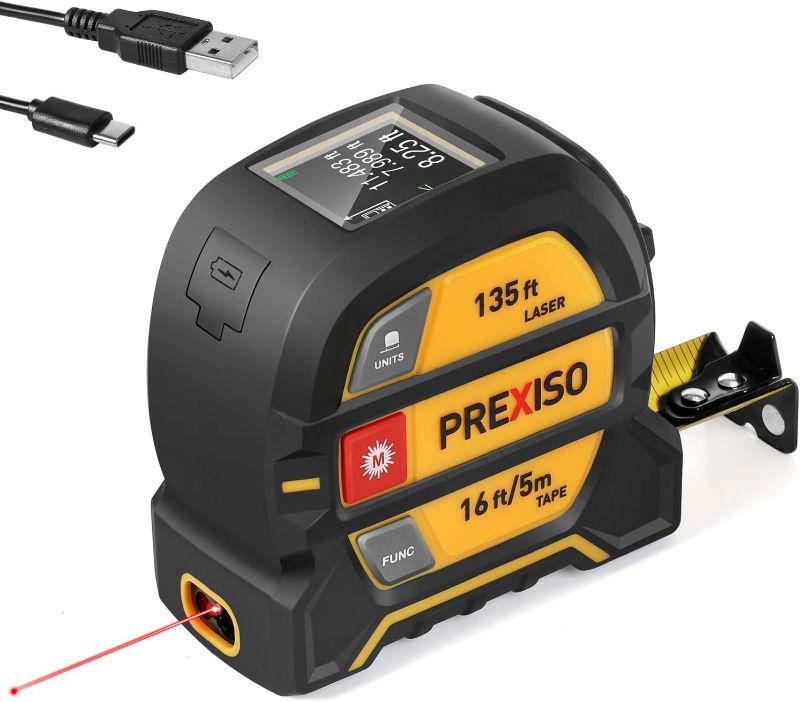 Photo 1 of PREXISO 2-in-1 Laser Tape Measure, 135Ft Rechargeable Measurement Tool & 16Ft Measuring Movable Magnetic Hook - Pythagorean, Area, Volume, Ft/Ft+in/in/M Unit NOT Digital
