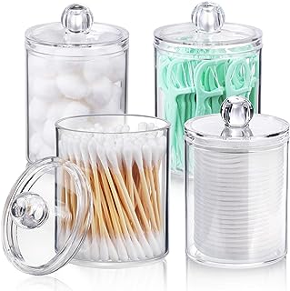 Photo 1 of 4 PACK Qtip Holder Dispenser for Cotton Ball, Cotton Swab, Cotton Round Pads, Floss Picks - Small Clear Plastic Apothecary Jar Set for Bathroom Canister Storage Organization, Vanity Makeup Organizer
