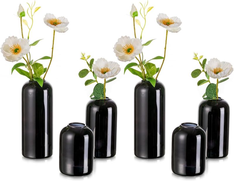 Photo 1 of Glass  Vases for Flowers - Hewory Blown Modern Small Glass Vases for Centerpieces Set of 6, Mini Black Bulk Flower Vase for Wedding Party Events Home Decor Floral Arrangements (Not Include Flower)