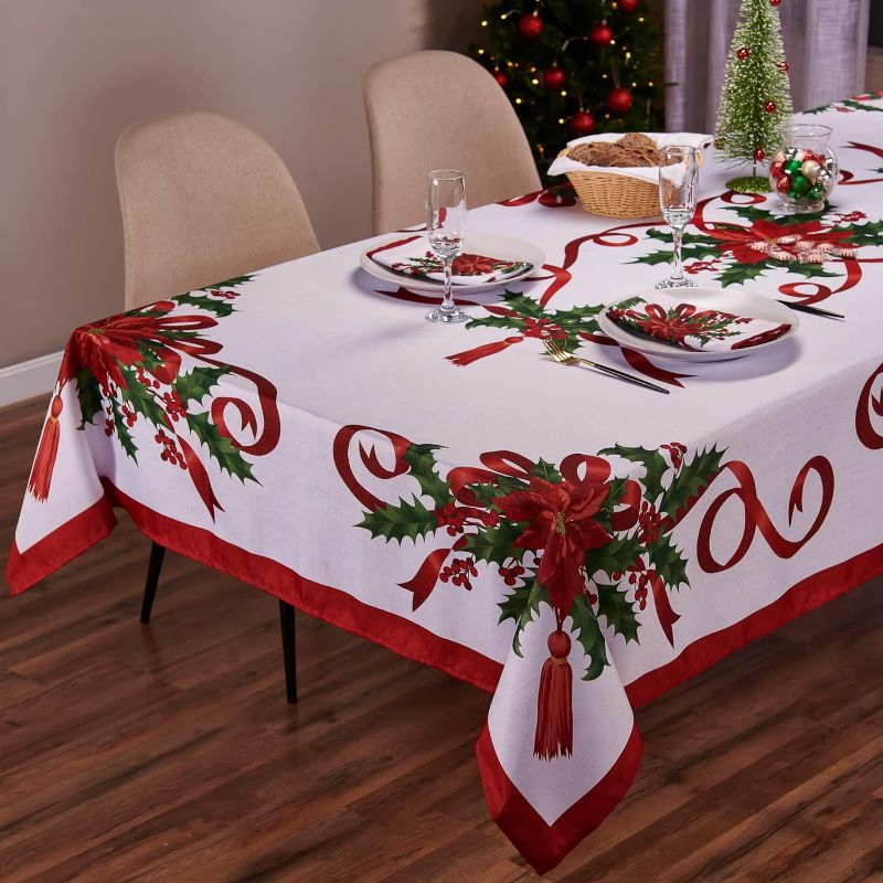 Photo 1 of Kadut Christmas Ribbon Tablecloth (60 x 84 Inch) for 5 Foot Rectangle Tables, Heavy Duty Fabric, Stain Proof Xmas Ribbon Table Cloth for Harvest, Holiday, and Fall, & Christmas Dinner.
