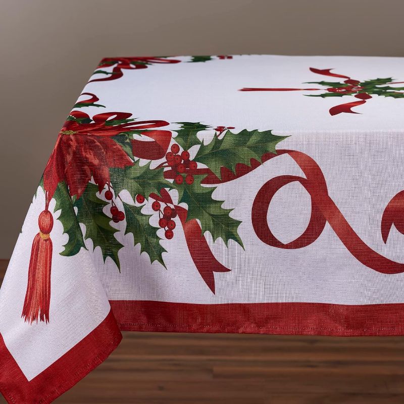 Photo 2 of Kadut Christmas Ribbon Tablecloth (60 x 84 Inch) for 5 Foot Rectangle Tables, Heavy Duty Fabric, Stain Proof Xmas Ribbon Table Cloth for Harvest, Holiday, and Fall, & Christmas Dinner.
