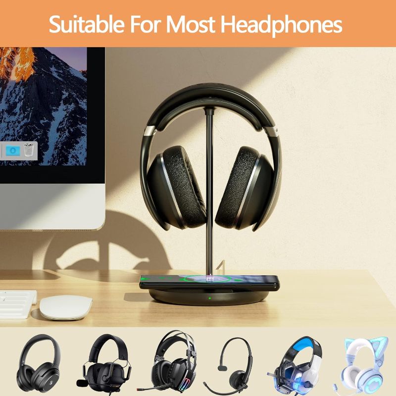 Photo 1 of Headphone Stand with Wireless Charger, Gaming Headset Holder Hanger Rack 2 IN 1 Wireless Charging Station Dock for iPhone 15/14/13/12/11 Series, Samsung, AirPods Pro/3/2 and Desk All Headphones, Black
