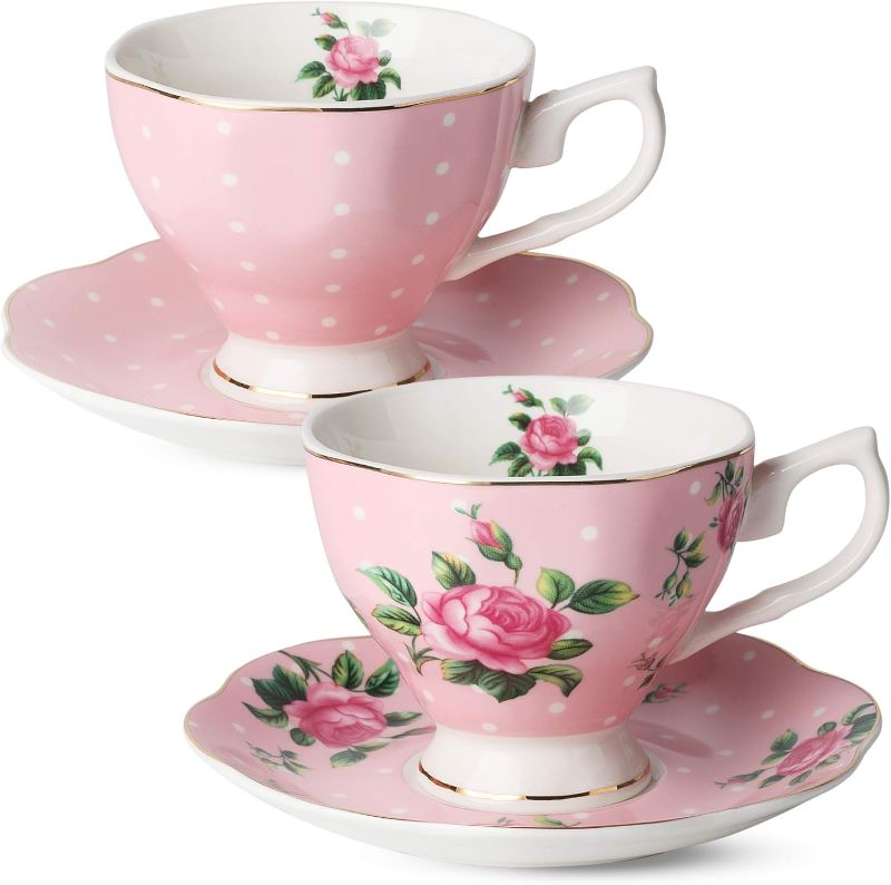 Photo 1 of BTaT- Floral Tea Cups and Saucers, Set of 2, 8oz, with Gold Trim and Gift Box, Coffee Cups, Floral Tea Cup Set, British Tea Cups, Porcelain Tea Set, Tea Sets for Women
