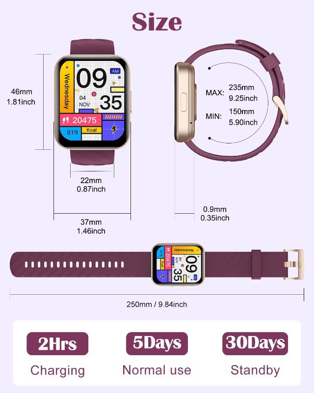 Photo 4 of RUIMEN Smart Watches for Women Men (Answer/Make Calls) Compatible with iPhone/Android Phones, 1.85" HD Screen Fitness Tracker Heart Rate Monitor 100+ Sports Tracker Watch Waterproof (Purple)
