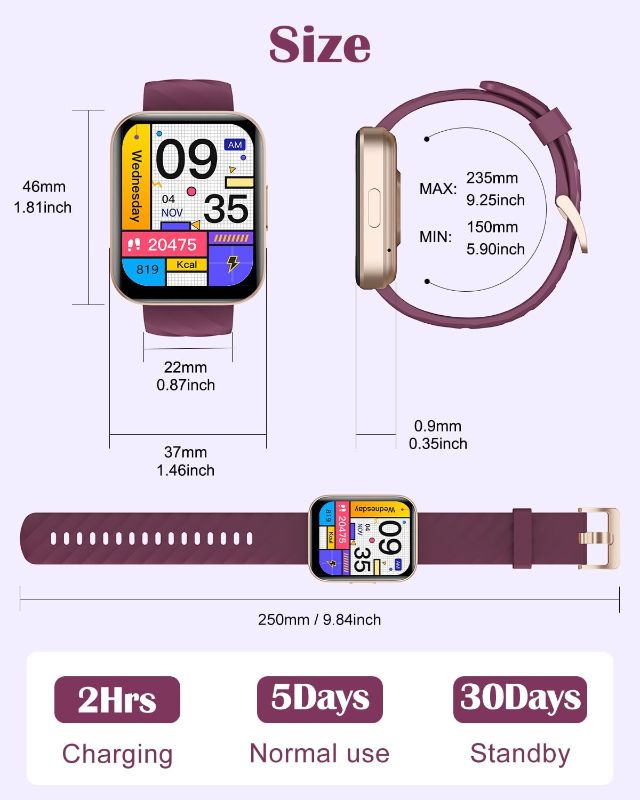Photo 2 of RUIMEN Smart Watches for Women Men (Answer/Make Calls) Compatible with iPhone/Android Phones, 1.85" HD Screen Fitness Tracker Heart Rate Monitor 100+ Sports Tracker Watch Waterproof (Purple)
