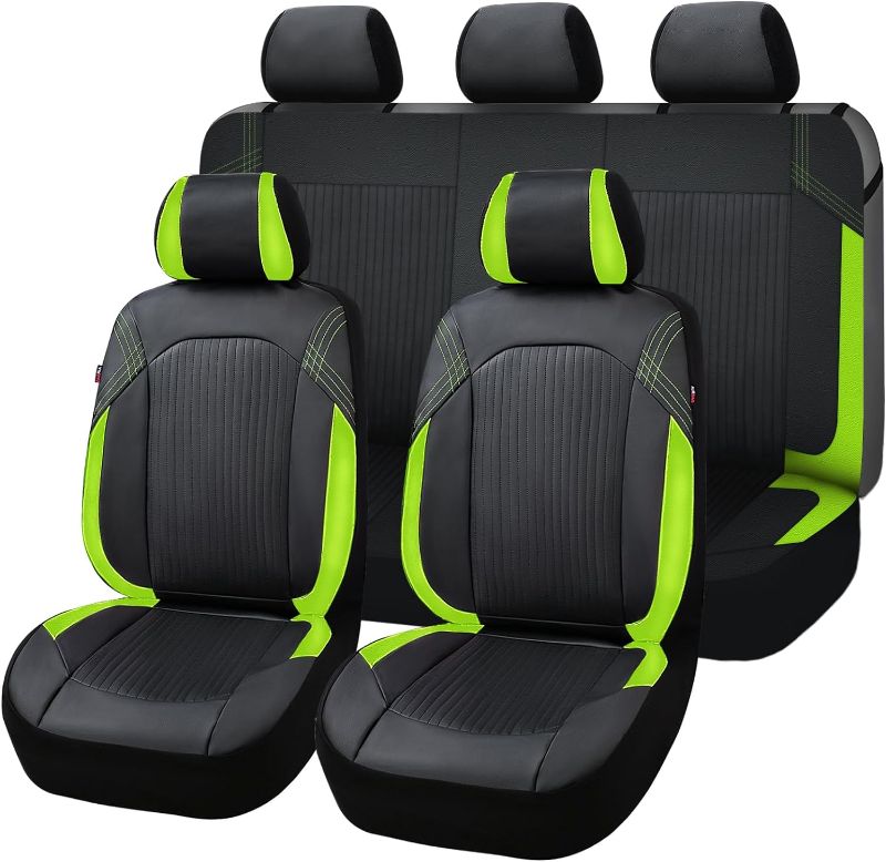 Photo 2 of Flying Banner Synthetic Leather car seat Covers Full Set Front and Rear Bench Fashion Easy Installation Cup Holder Free (Black & Green, Low Bucket - Full Set)
