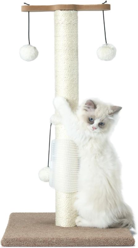 Photo 1 of PAWSFANS Cat Scratching Post Sisal Vertical Scratcher Posts for Indoor Cats and Kittens,Three Hanging Ball Toy and Self-Grooming Brush,26inches Cat Scratch Pole Beige

