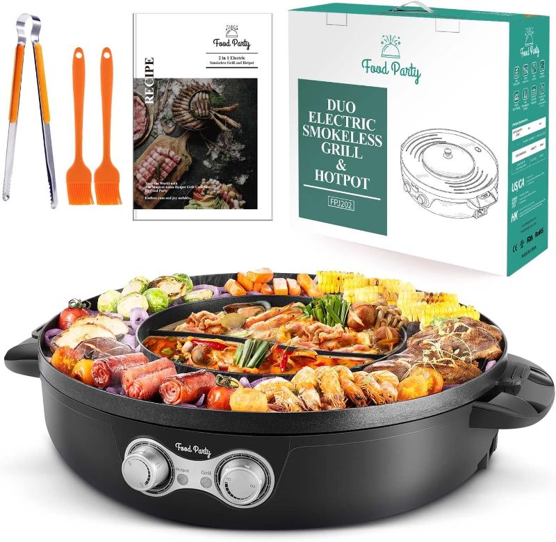 Photo 1 of Food Party DUO Electric Smokeless Grill and Hot Pot, With Separable Cooking Plate, Deluxe Combo of 1 Recipe Book, 1 Tong, 1 Oil Brush, 1 Pack of Parchment Paper, for Hotpot KBBQ, Barbecue & Grill
